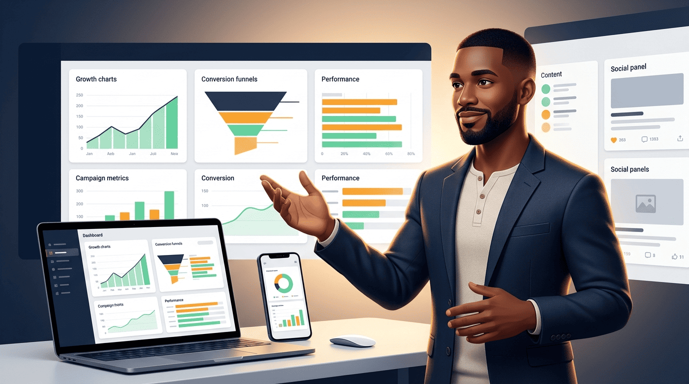 Marketing strategist reviewing AI-optimized ad campaign dashboards on screen