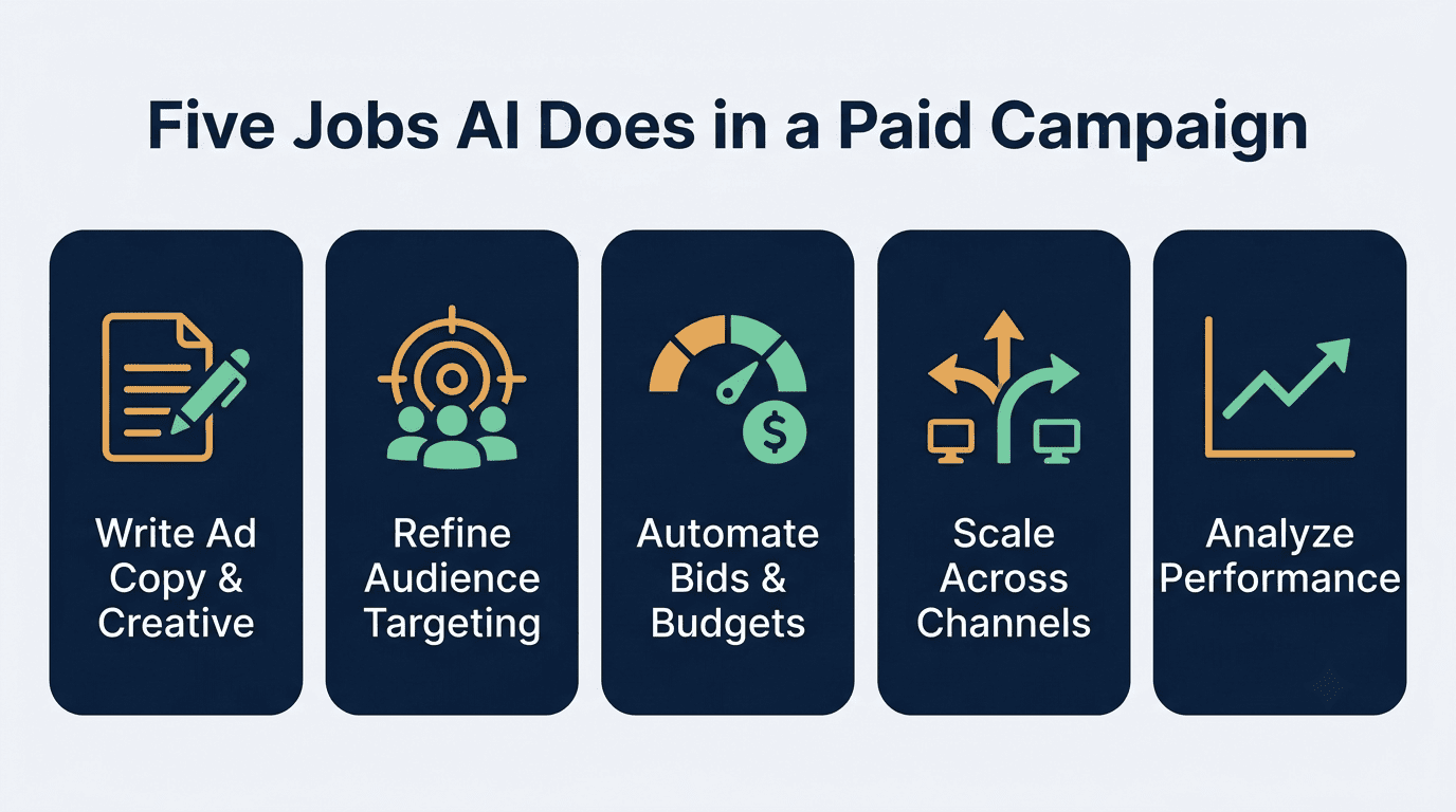 Infographic of the five jobs AI does in a paid campaign: copy, targeting, bidding, scaling, analysis