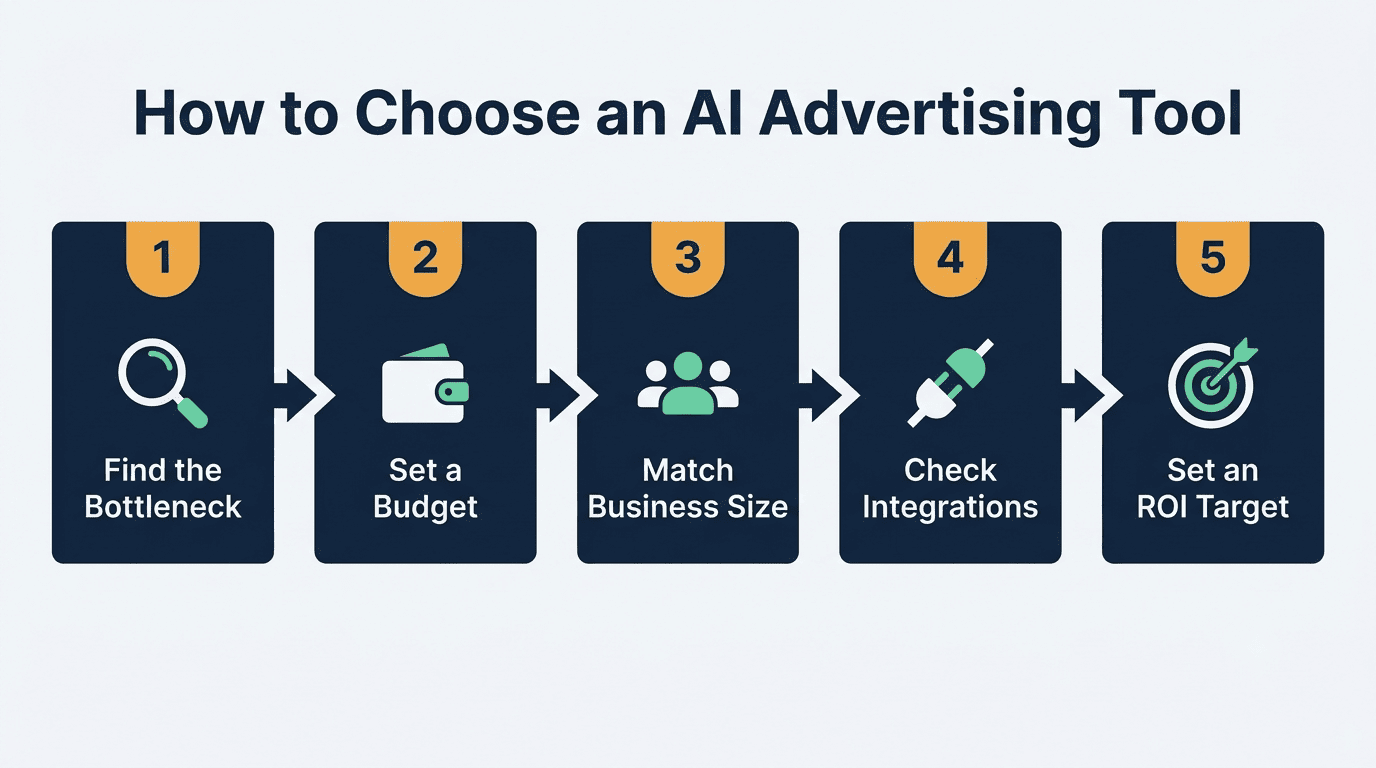 Five-step flow for choosing an AI advertising tool: bottleneck, budget, business size, integrations, ROI target