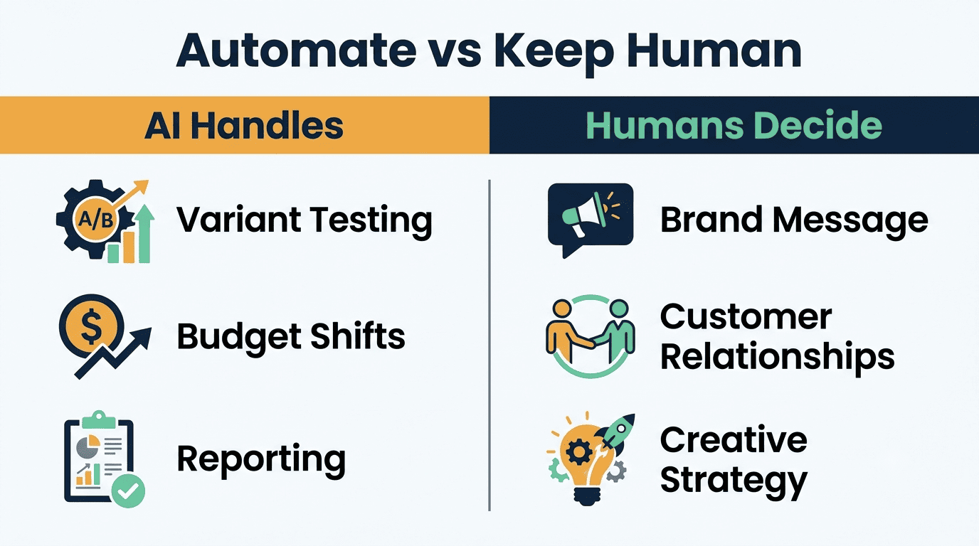 Split comparison: AI handles variant testing, budget shifts and reporting; humans decide brand message, relationships and creative strategy
