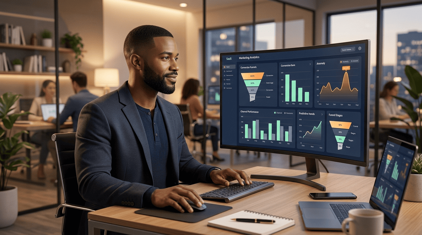 Marketing analyst studying an AI marketing analytics dashboard with attribution funnels and predictive trends
