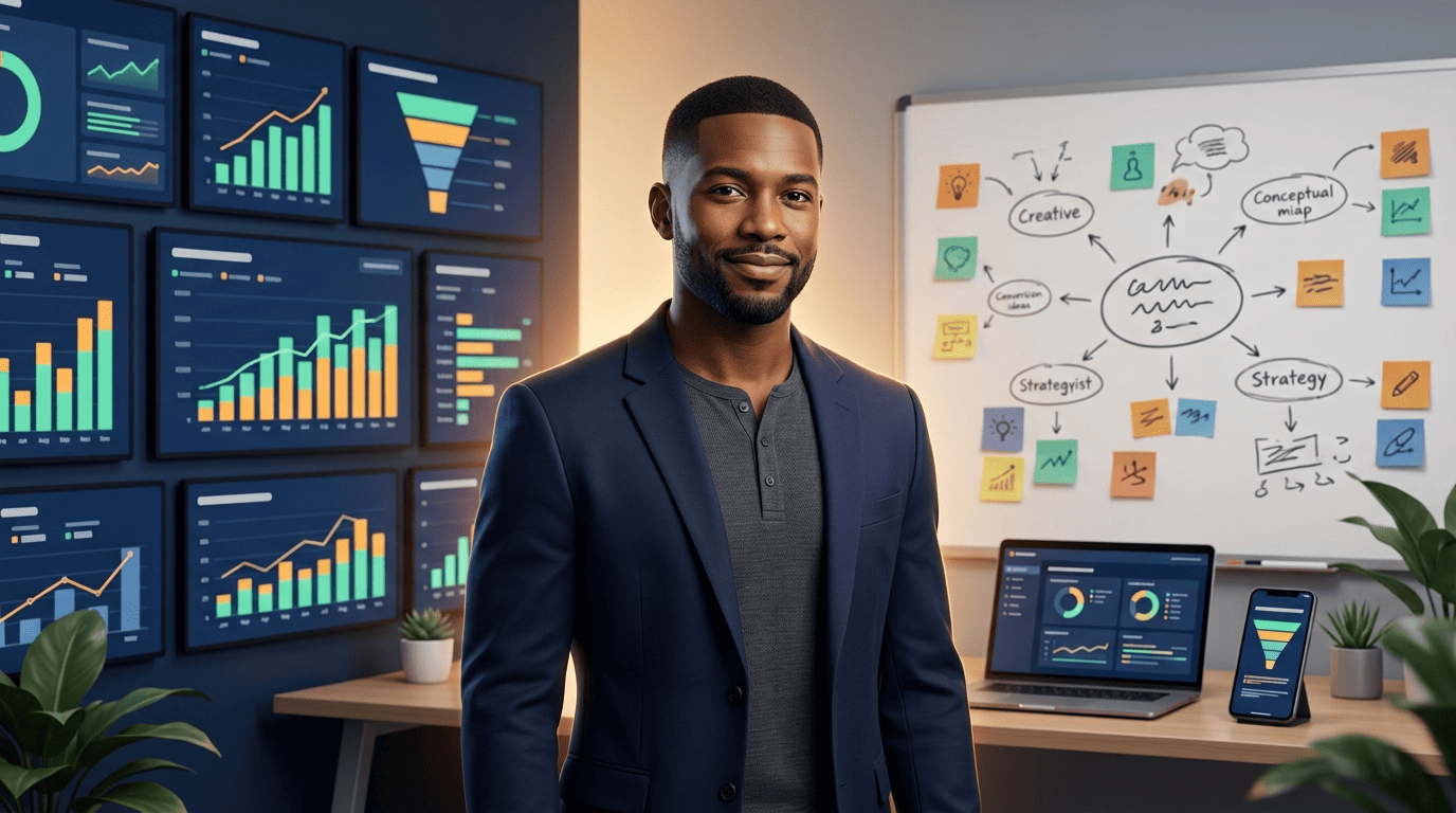 A marketing strategist standing between automated AI dashboards and a human strategy whiteboard