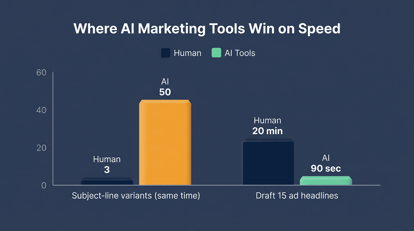 Bar chart comparing human vs AI speed: 3 vs 50 subject-line variants and 20 minutes vs 90 seconds for 15 headlines