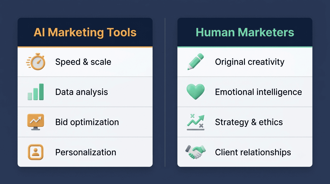 Side-by-side comparison: AI marketing tools own speed, data, bidding and personalization; human marketers own creativity, empathy, strategy and relationships