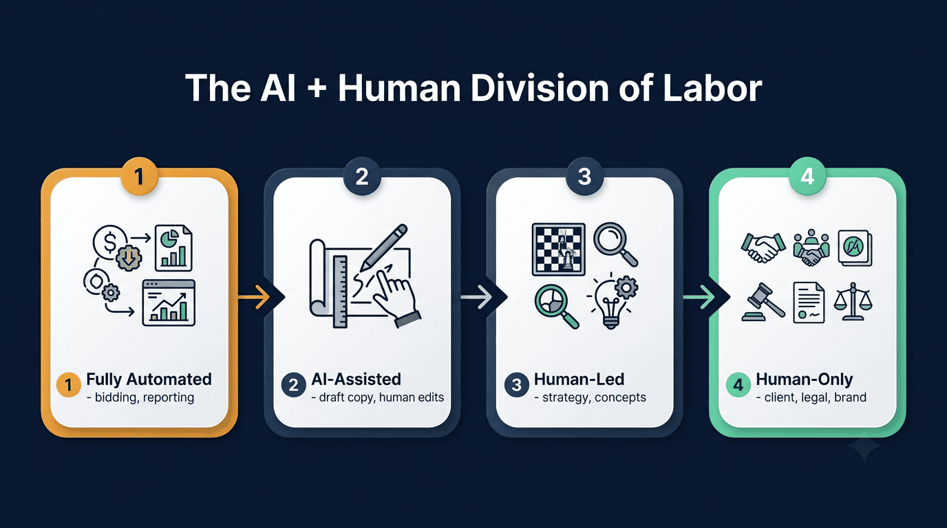Four-layer flow of the AI and human division of labor: fully automated, AI-assisted, human-led, and human-only