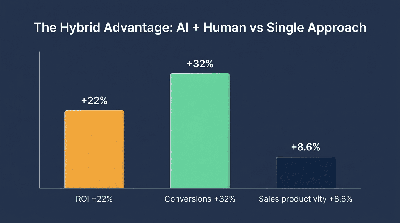 Bar chart of the hybrid advantage: 22% more ROI, 32% more conversions, and 8.6% higher sales productivity