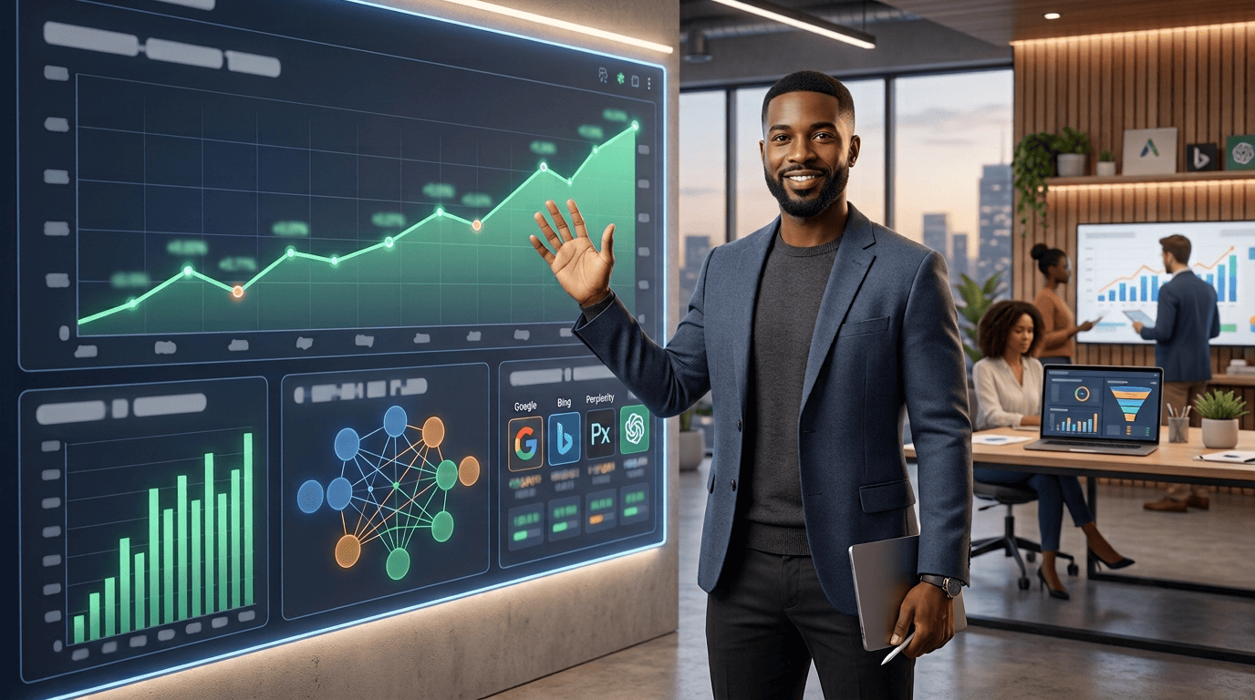 Marketing strategist beside an AI SEO dashboard showing rising rankings, a keyword cluster map, and AI-visibility tracking