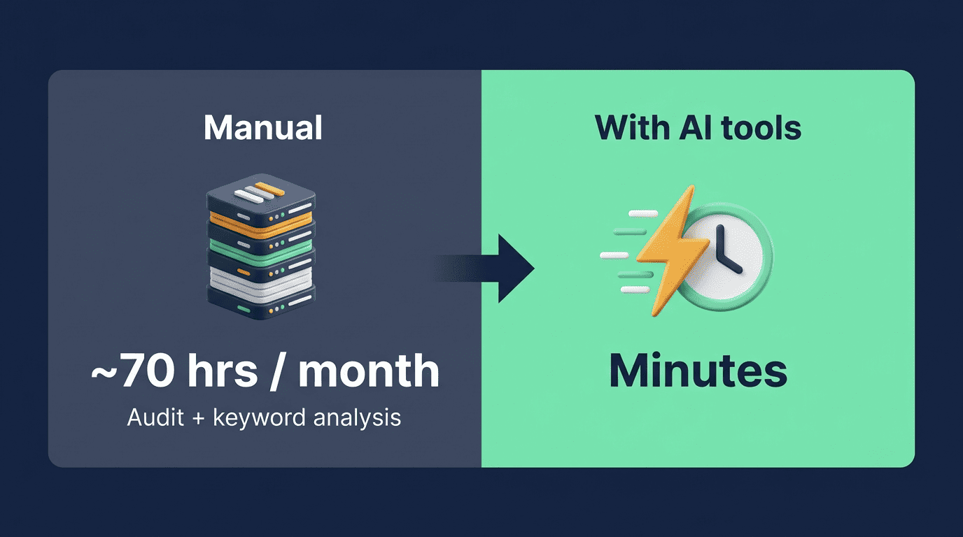 Before-and-after comparison: about 70 hours a month of manual SEO work versus minutes with AI tools