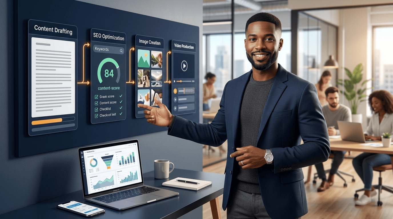 Marketing strategist presenting an integrated AI content workflow across writing, SEO, image, and video panels