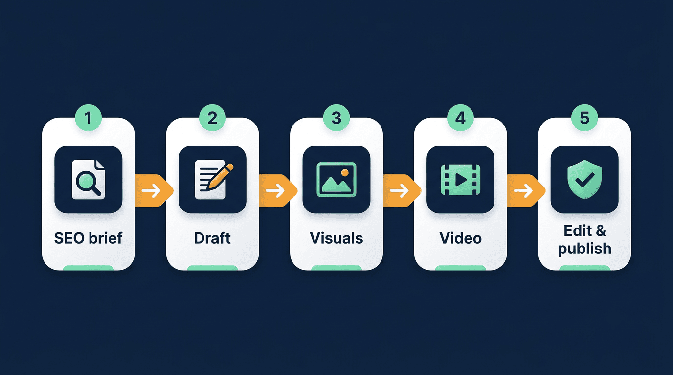 Five-step AI content pipeline from SEO brief to draft, visuals, video, and edit and publish
