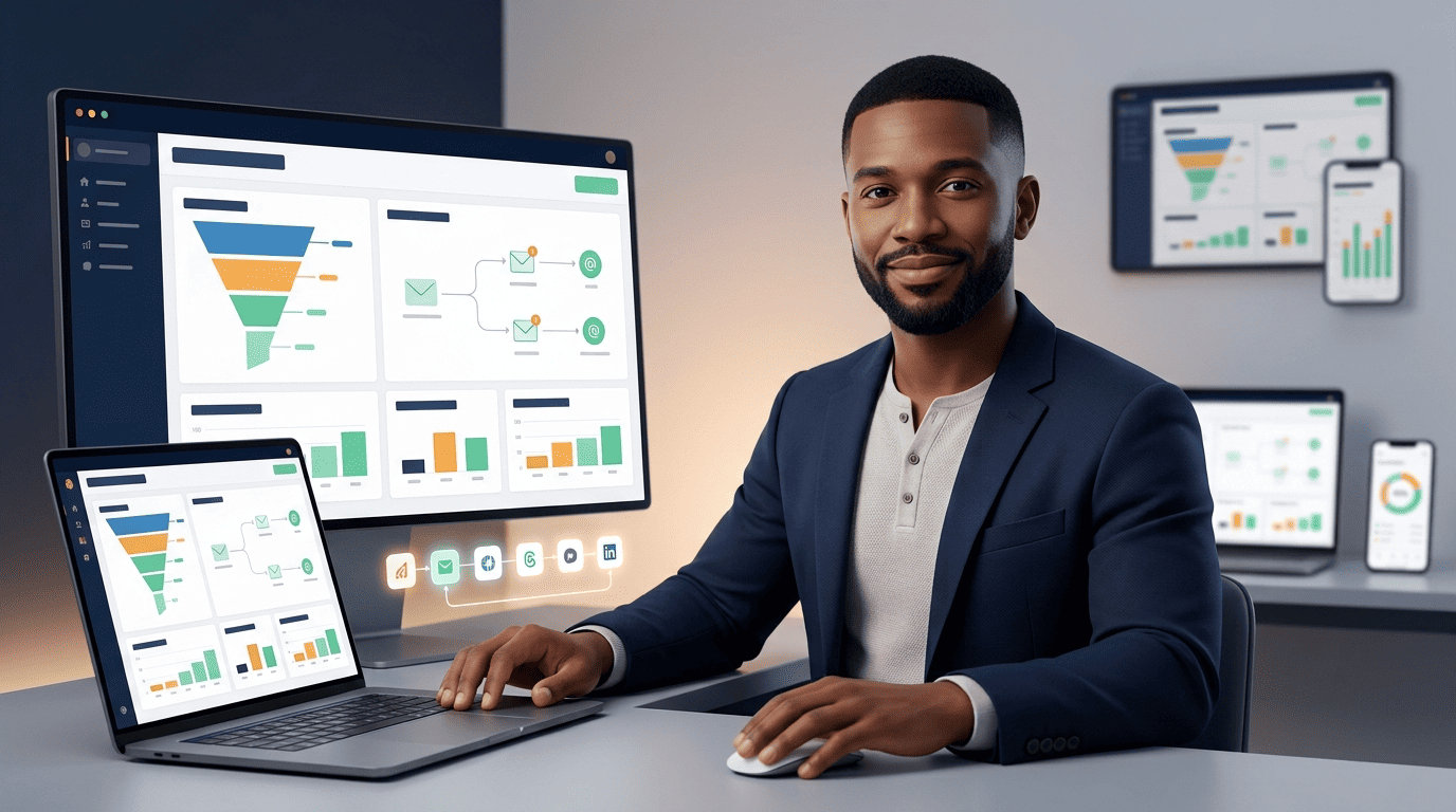 A marketer running content, email, and campaign dashboards from one AI-powered marketing stack