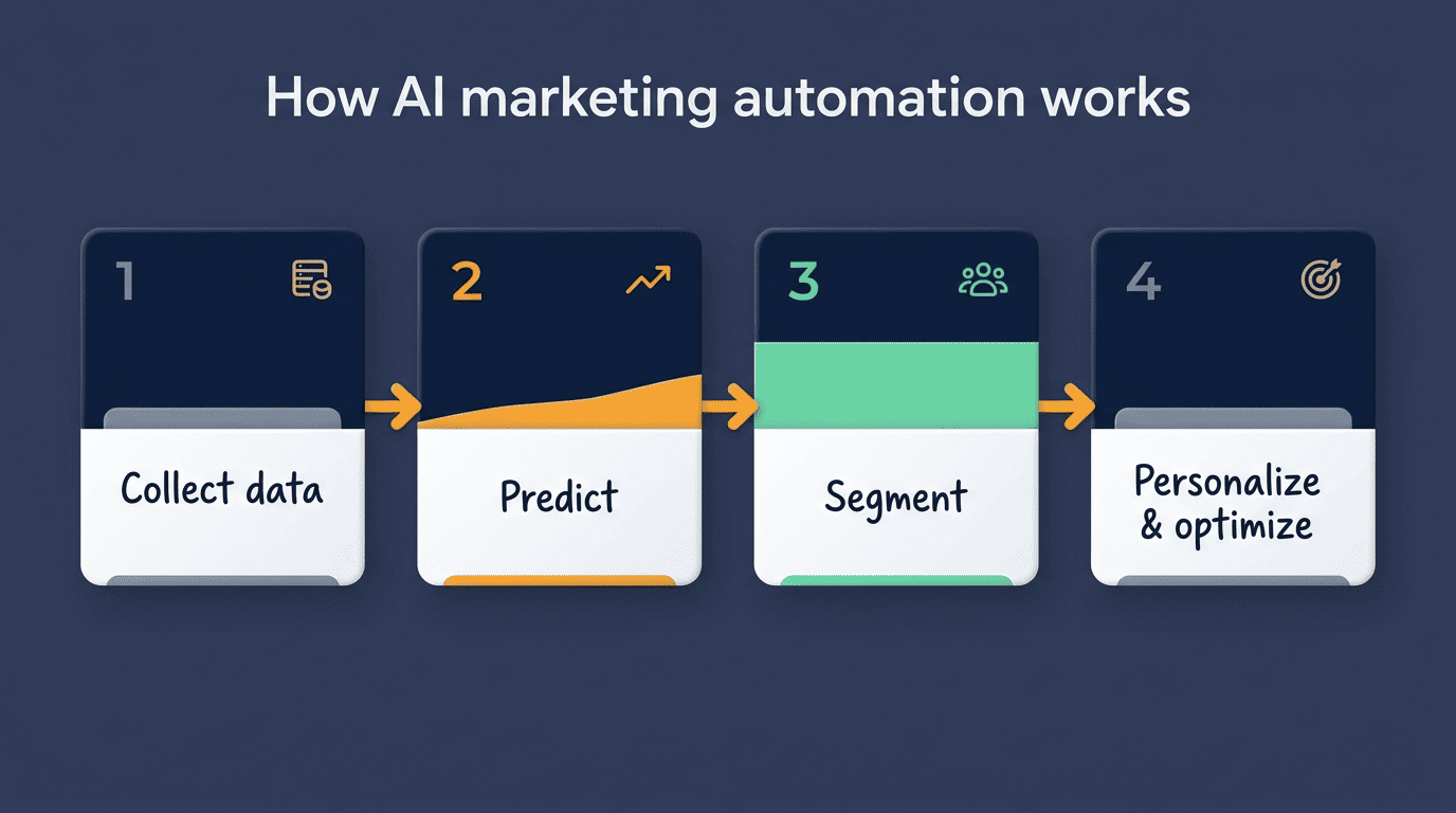 Four-step flow of how AI marketing automation works: collect data, predict, segment, personalize and optimize