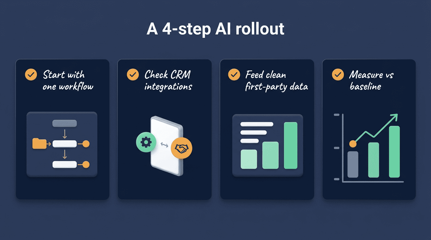 Four-step AI marketing rollout checklist: start with one workflow, check CRM integrations, feed clean first-party data, measure vs baseline