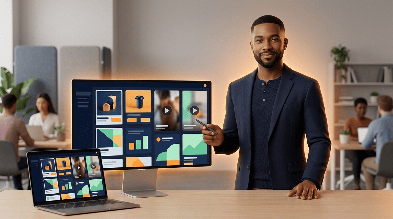 A marketer reviewing a batch of AI-generated ad images and marketing videos on screen