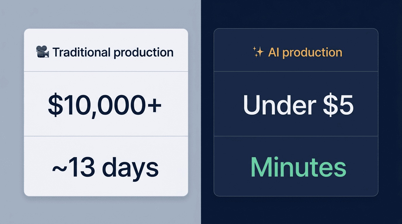 Comparison: traditional production costs $10,000+ and ~13 days versus AI production under $5 in minutes