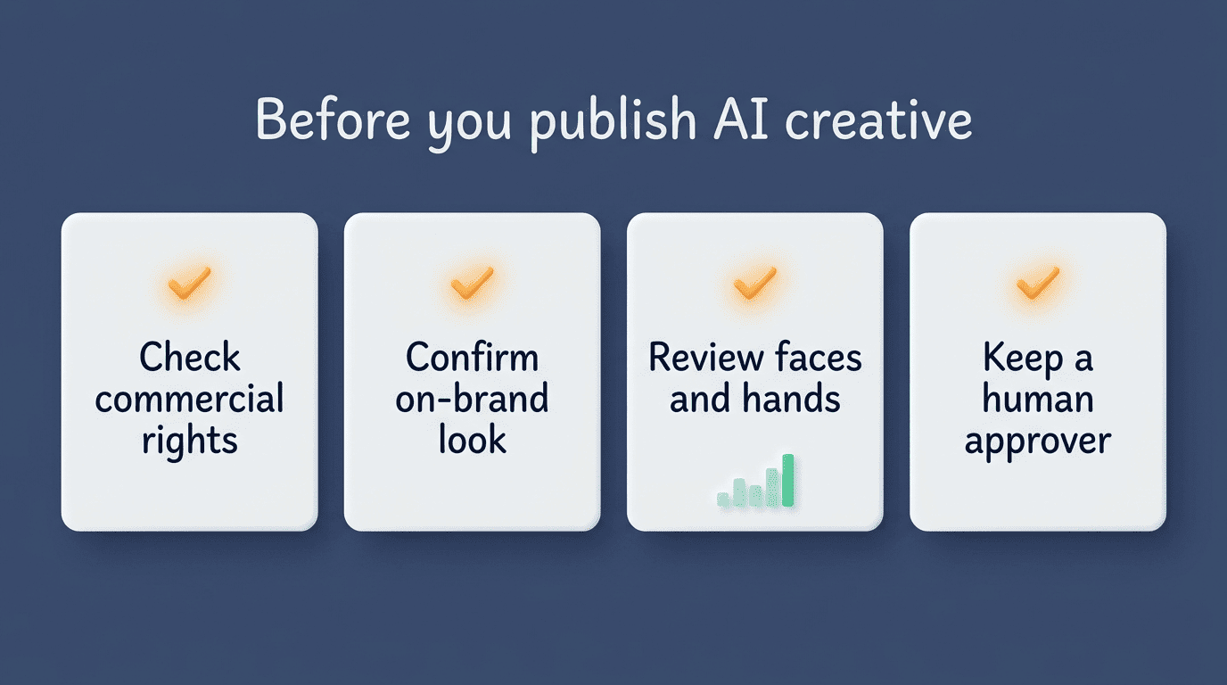 Checklist before publishing AI creative: check commercial rights, confirm on-brand look, review faces and hands, keep a human approver
