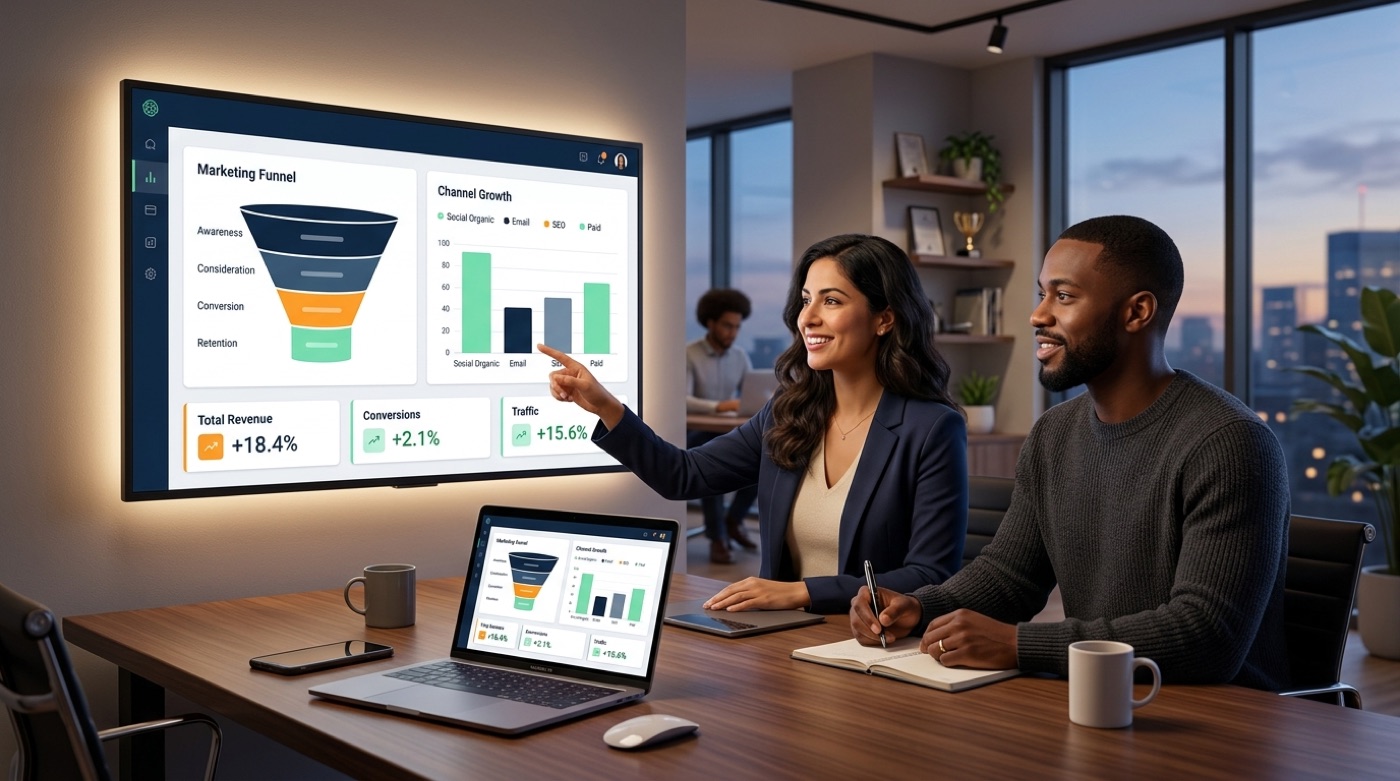 An AI analytics dashboard highlighting which channels drive growth, with a marketing funnel and clear KPIs