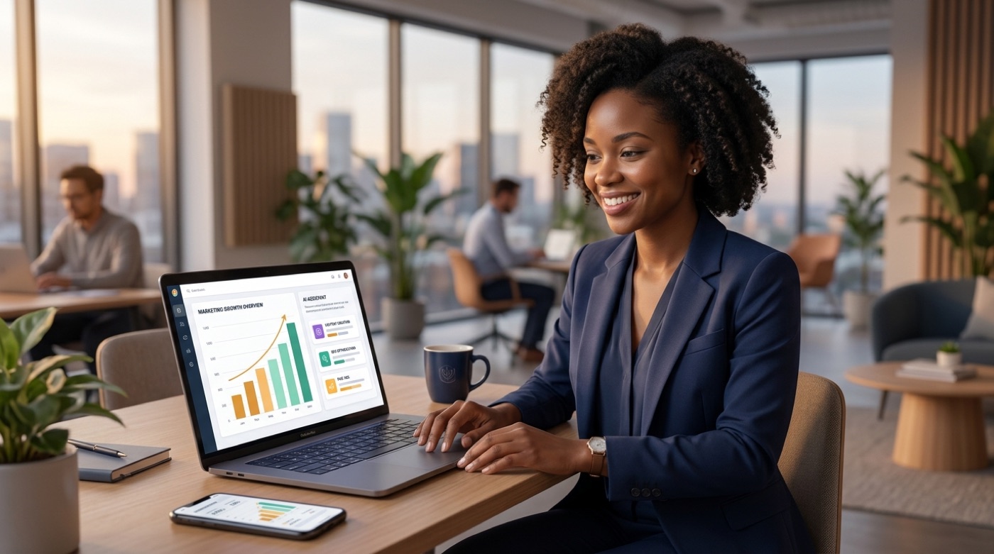 An AI marketing assistant recommending the best AI tools across content, ads, SEO and social with an upward growth chart