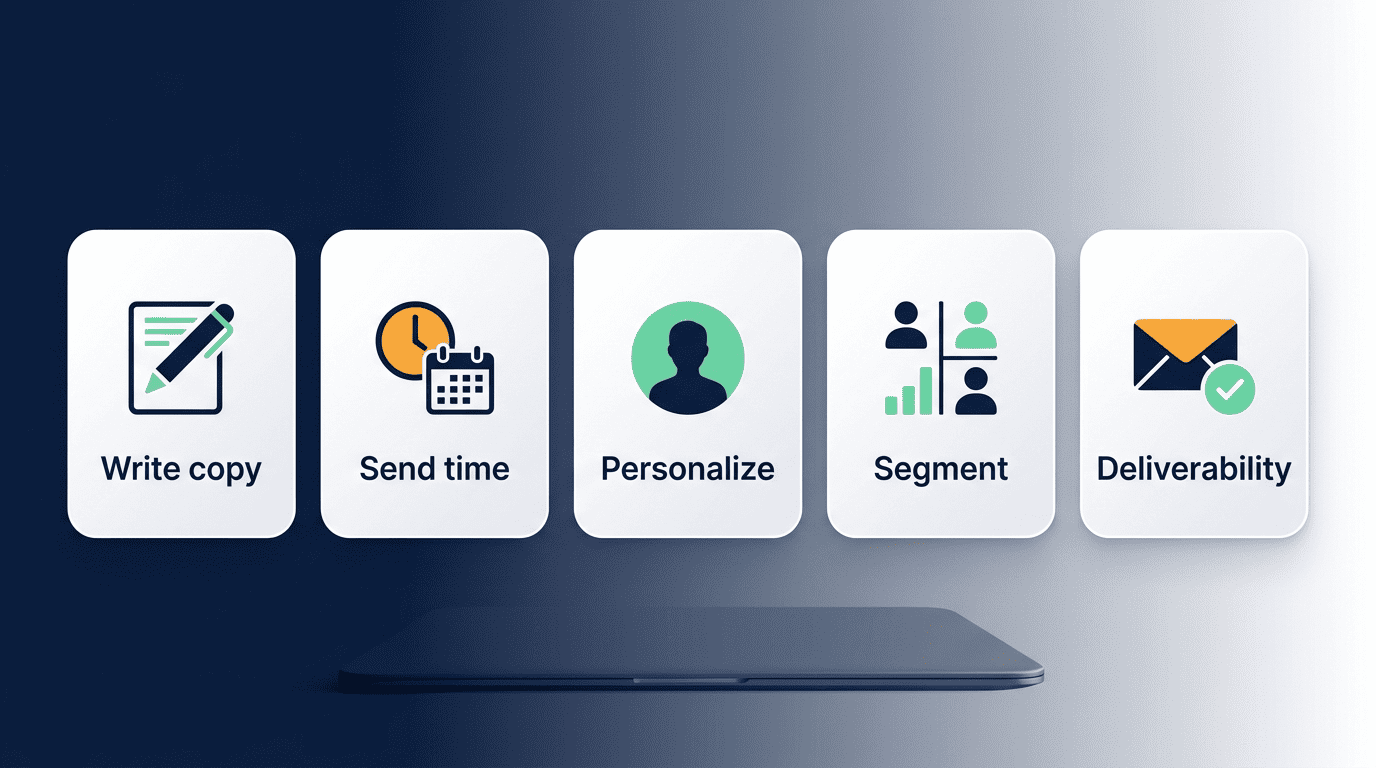 Infographic of the five jobs AI does in an email campaign: write copy, send time, personalize, segment, deliverability
