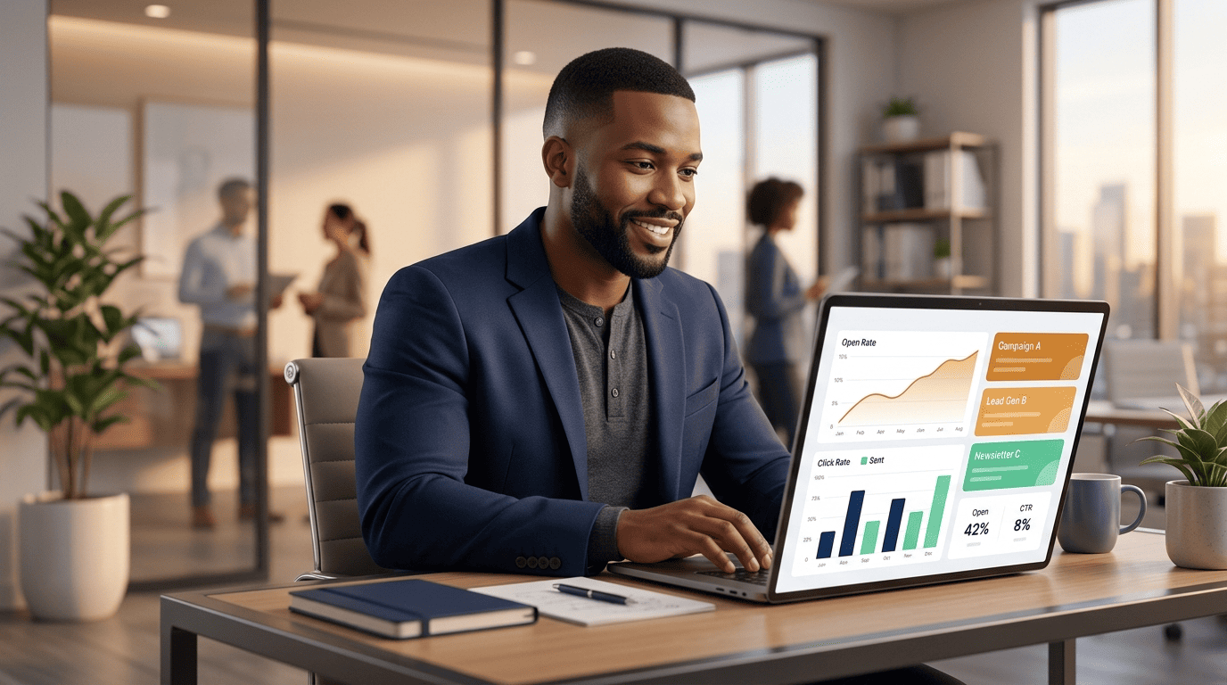 Marketing strategist reviewing an AI email campaign dashboard with open-rate and click-rate charts on a laptop