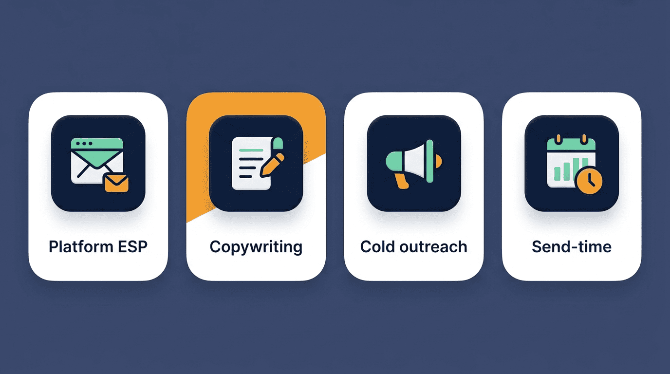 Comparison of the four types of AI email tools: platform ESP, copywriting, cold outreach, send-time