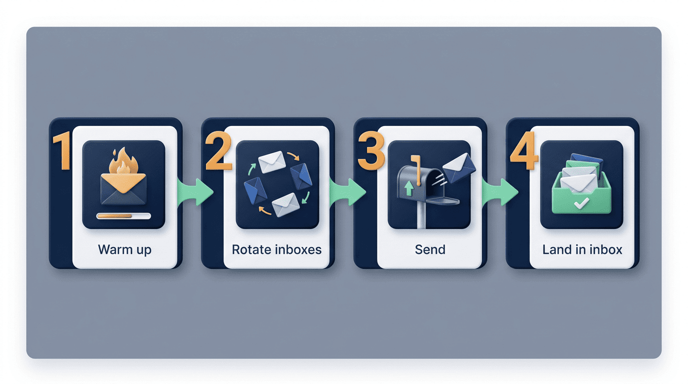 Process flow of AI cold-email deliverability: warm up, rotate inboxes, send, land in inbox