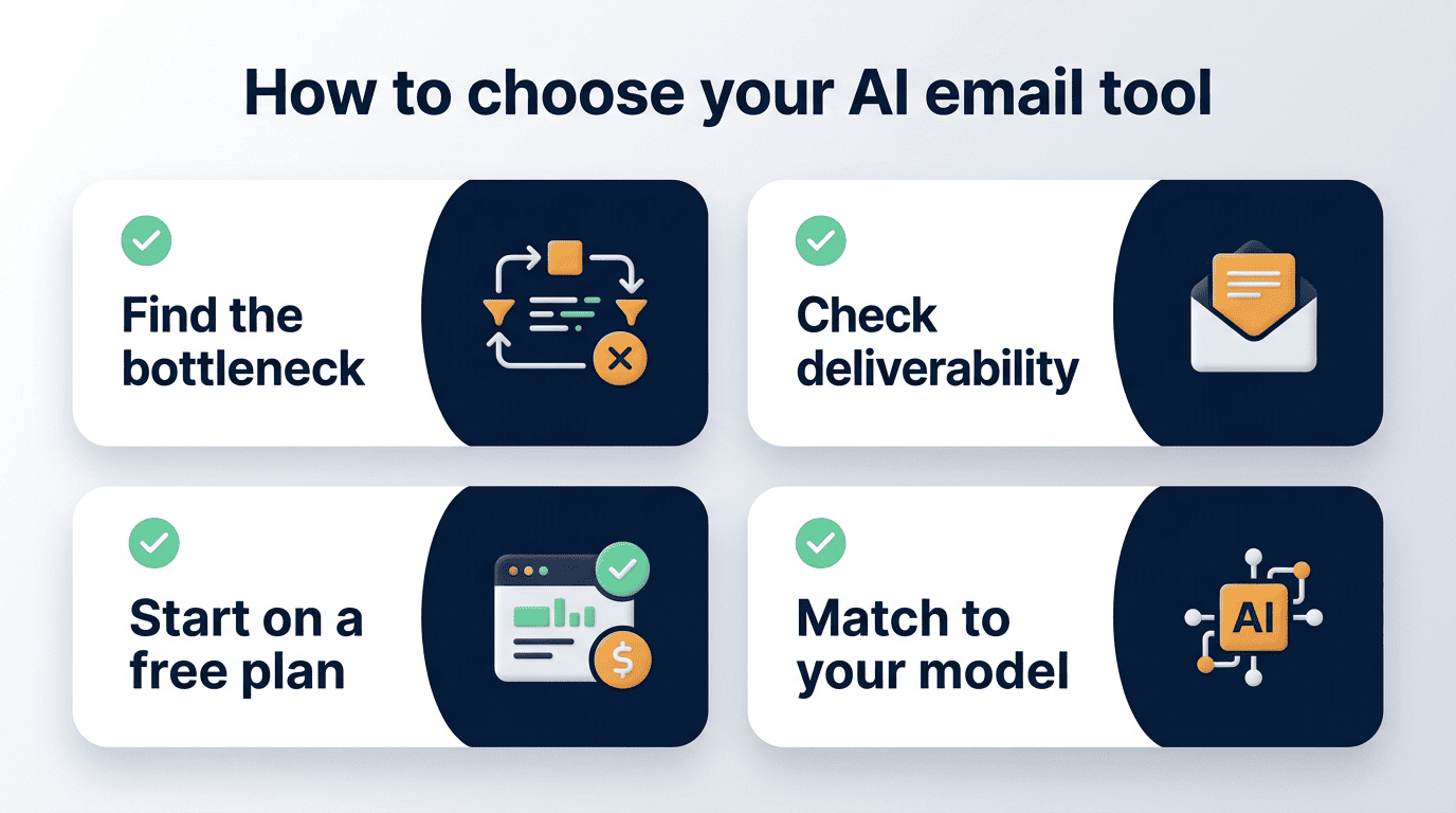 Checklist for choosing an AI email tool: find the bottleneck, check deliverability, start on a free plan, match to your model
