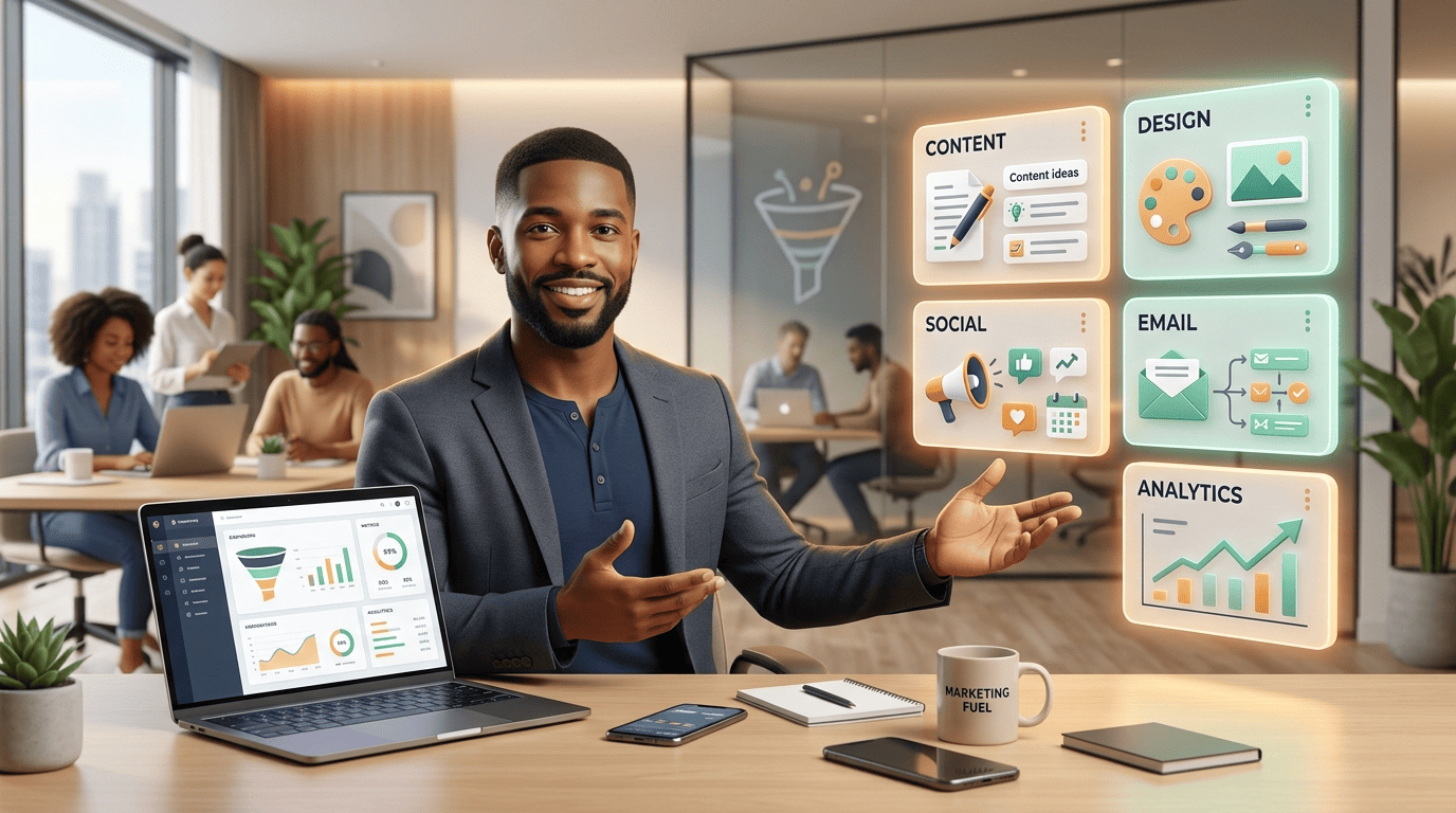 A marketer presenting a full free AI marketing stack across content, design, social, email, and analytics