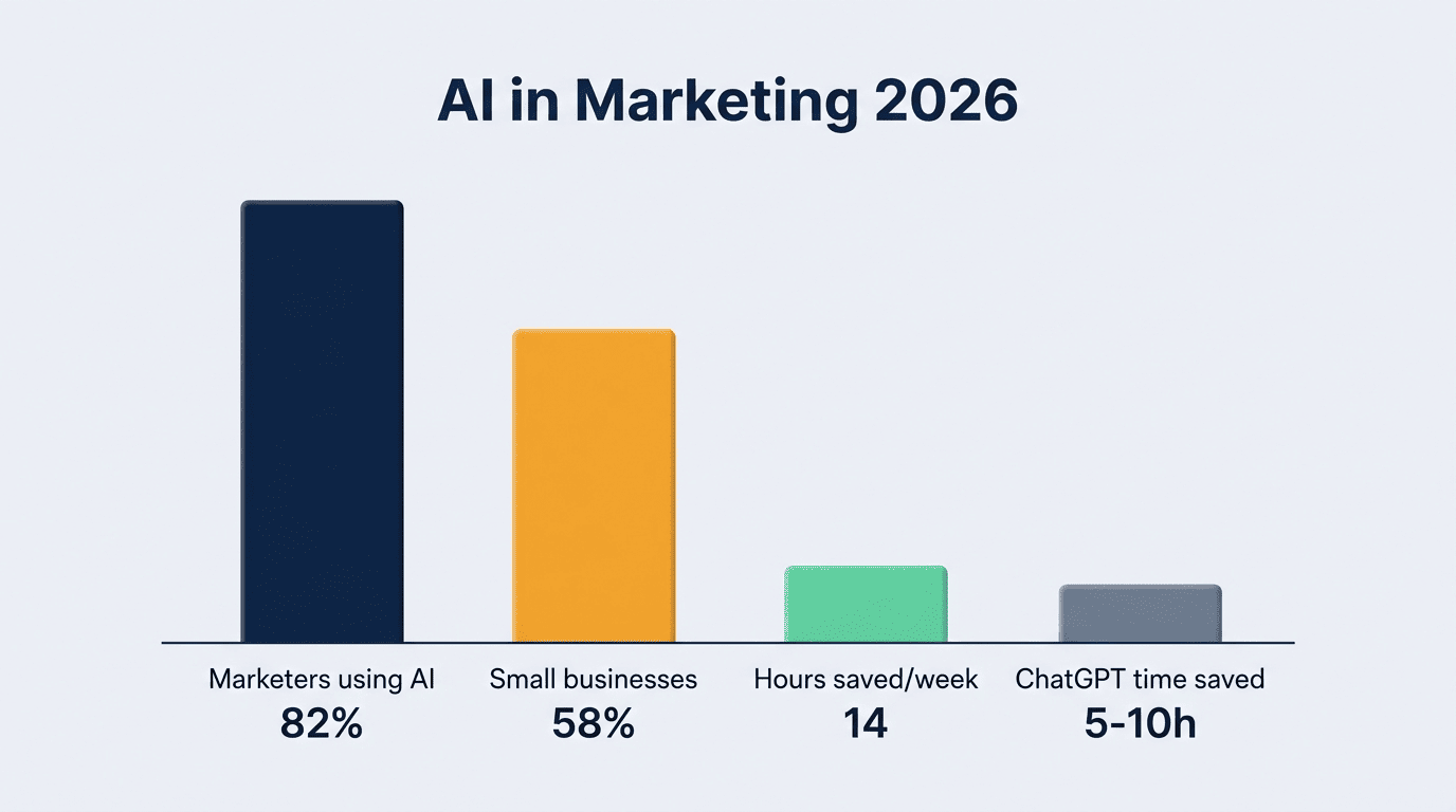 Bar chart showing AI marketing adoption and time savings in 2026
