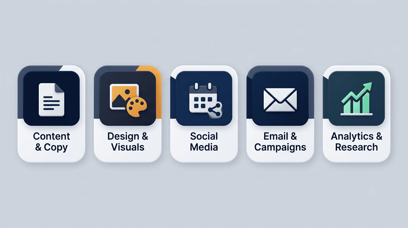 Five categories of free AI marketing tools: content, design, social, email, and analytics