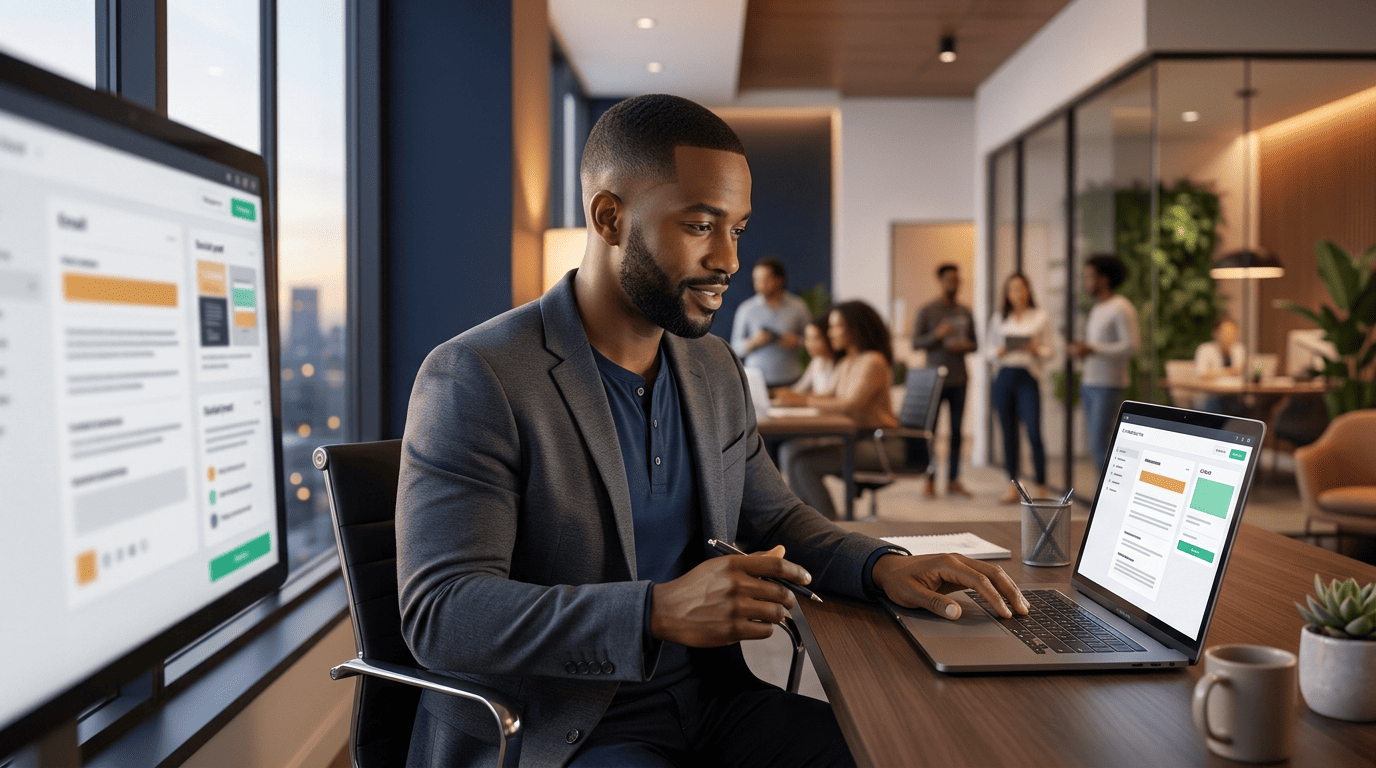 A marketer editing an AI-generated marketing draft on a laptop