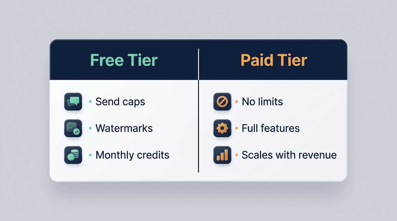 Comparison of free-tier limits versus paid-tier benefits for AI marketing tools