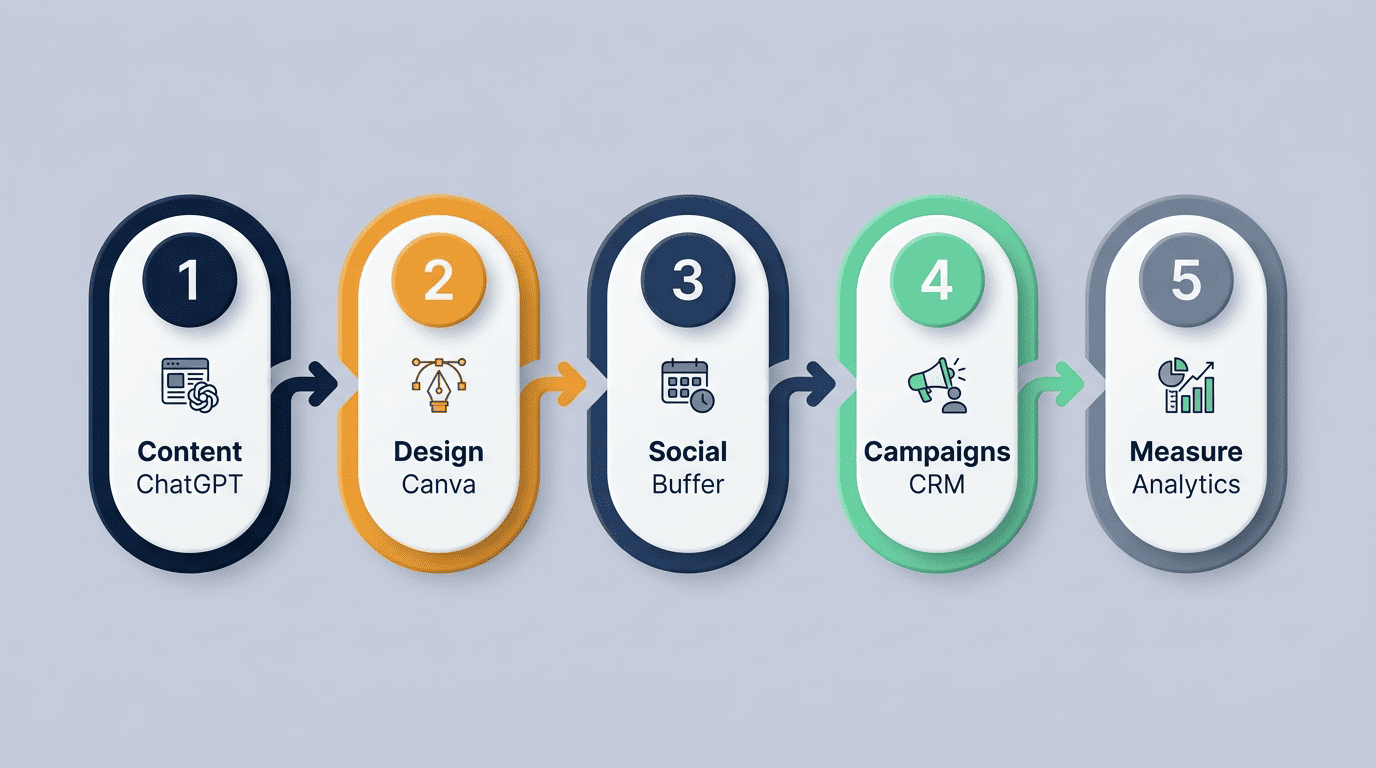 Five-step flow to build a free AI marketing stack from content to measurement