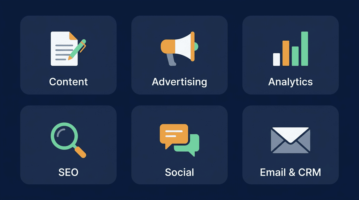 Six categories of AI marketing tools: content, advertising, analytics, SEO, social, email and CRM