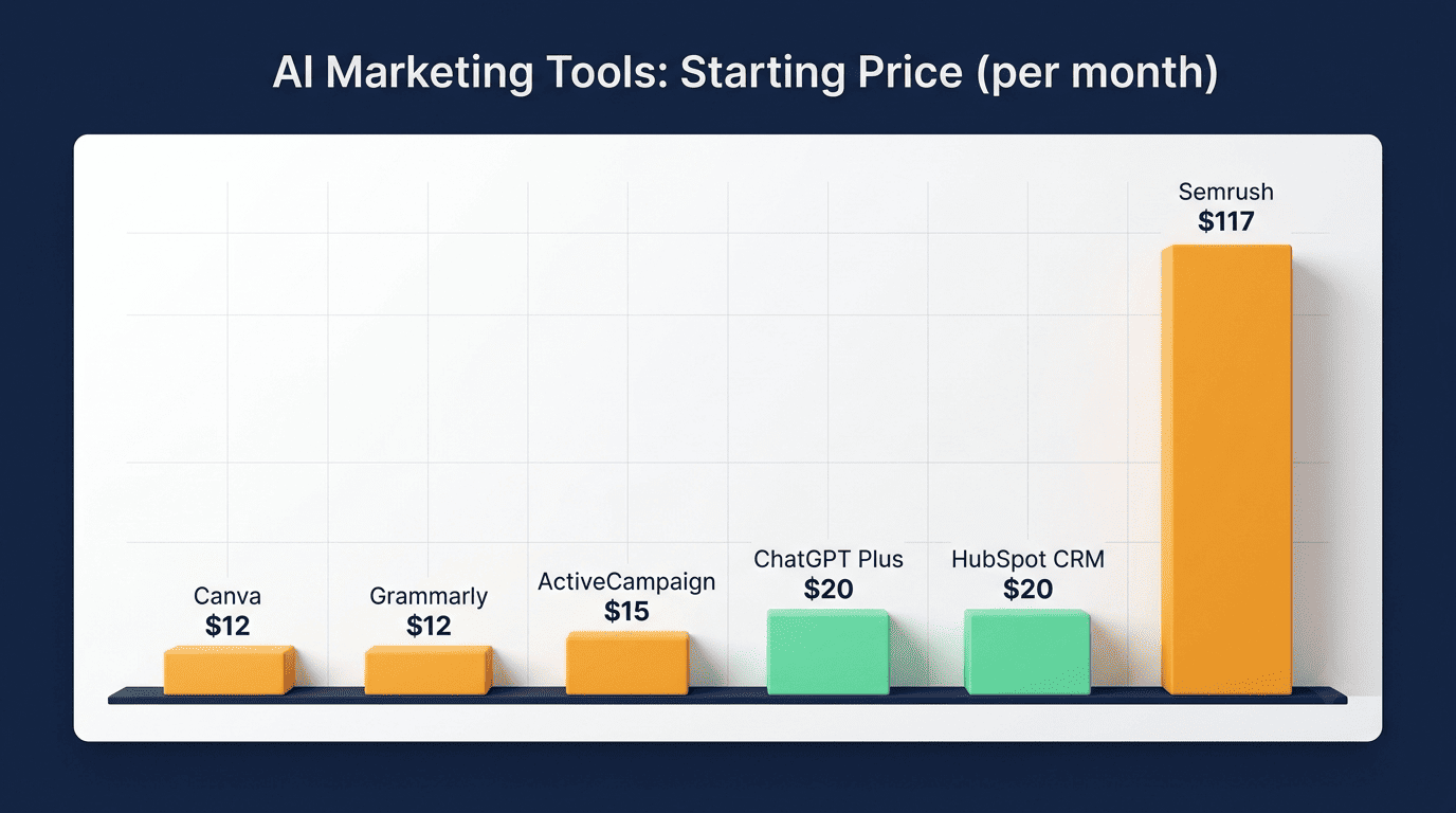 Bar chart of AI marketing tool starting prices per month: Canva $12, Grammarly $12, ActiveCampaign $15, ChatGPT Plus $20, HubSpot CRM $20, Semrush $117