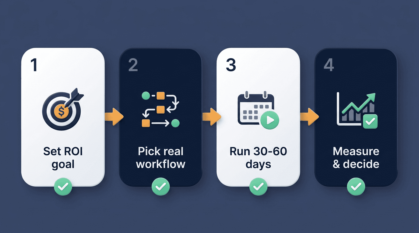 Four-step process for running a 30 to 60 day AI marketing tool pilot: set ROI goal, pick real workflow, run 30-60 days, measure and decide