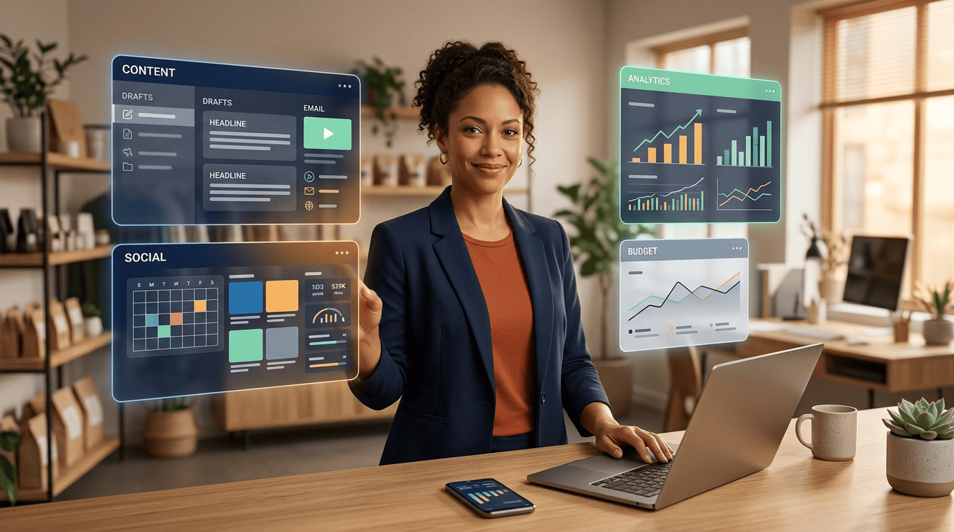 A small-business owner running content, social, email, and analytics solo with AI marketing tools