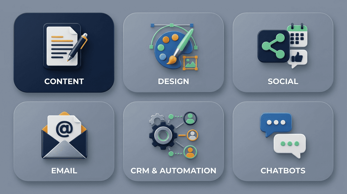 Six categories of AI marketing tools for small business: content, design, social, email, CRM, chatbots
