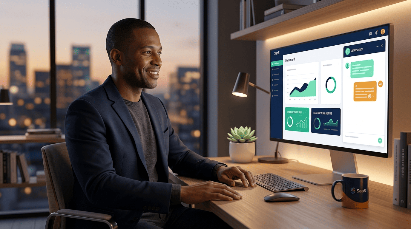 A small-business owner watching an AI chatbot answer a customer and capture a lead after hours