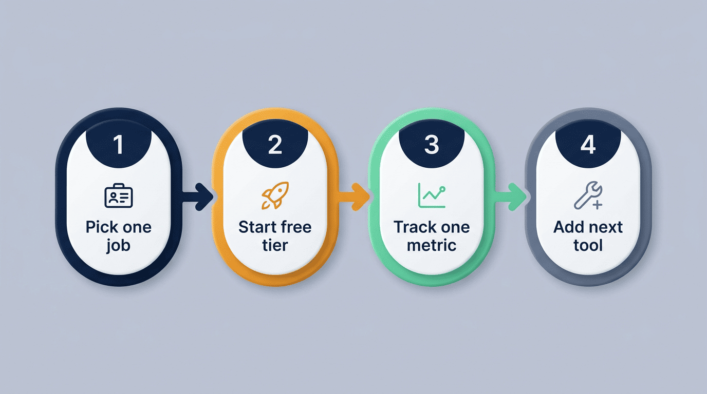 Four-step flow: pick one job, start on a free tier, track one metric, add the next tool