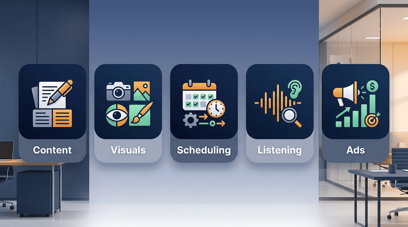 Infographic of the five jobs AI social media tools do: content, visuals, scheduling, listening, ads