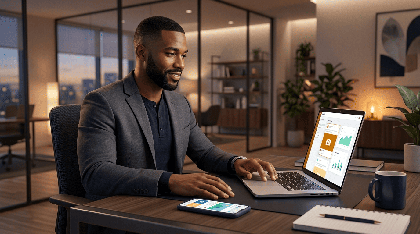 Marketing strategist reviewing AI-generated social media captions and post drafts on a laptop