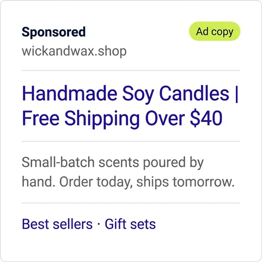 Search ad for handmade soy candles with free shipping over $40