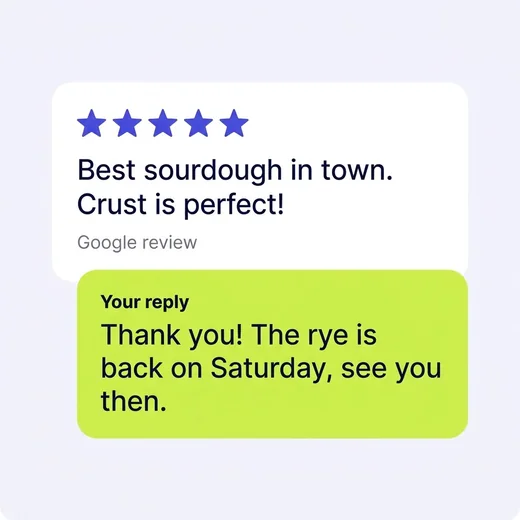 Five-star bakery review with a ready reply from the owner