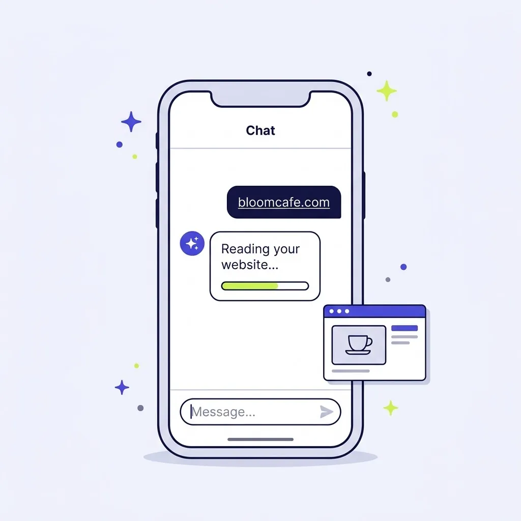 A chat on a phone where a café website link is sent and the assistant starts reading the website