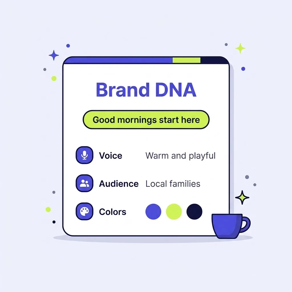 A Brand DNA card with a tagline, brand voice, audience and brand colors for a café