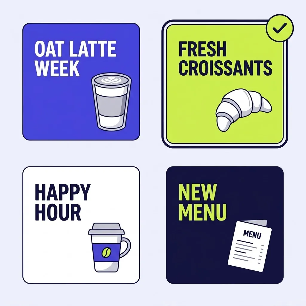 Four ready café banners in one brand style, one of them selected