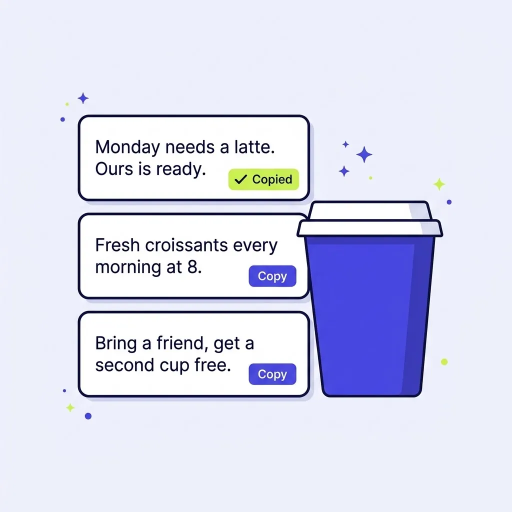 Ready-to-post café captions with copy buttons next to a takeaway coffee cup