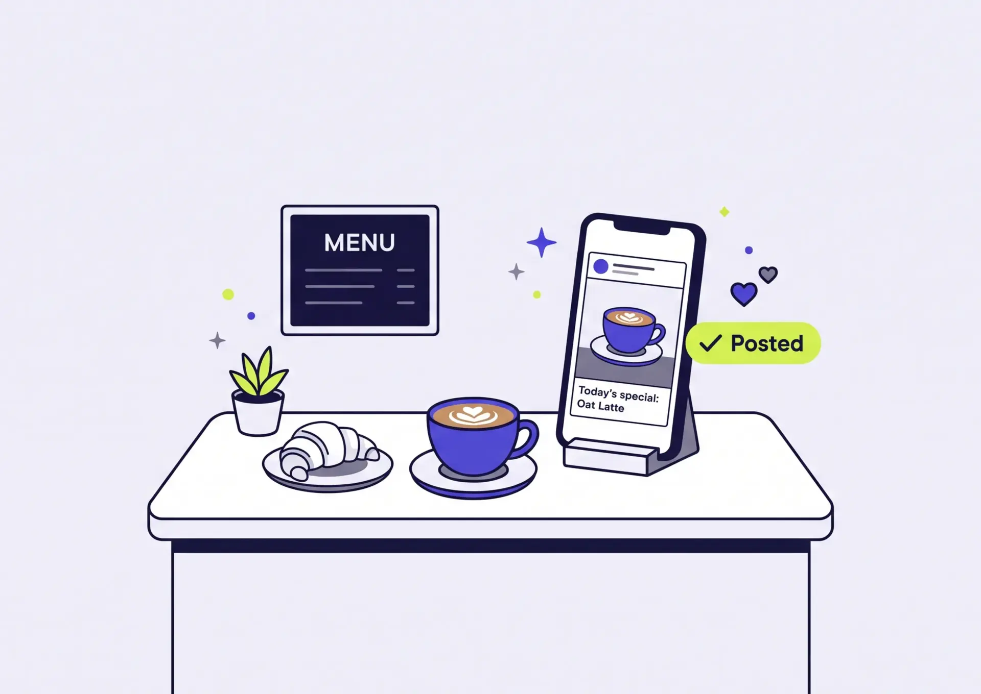 A café counter with a latte and a croissant next to a phone showing a freshly posted 'Today's special: Oat Latte' post