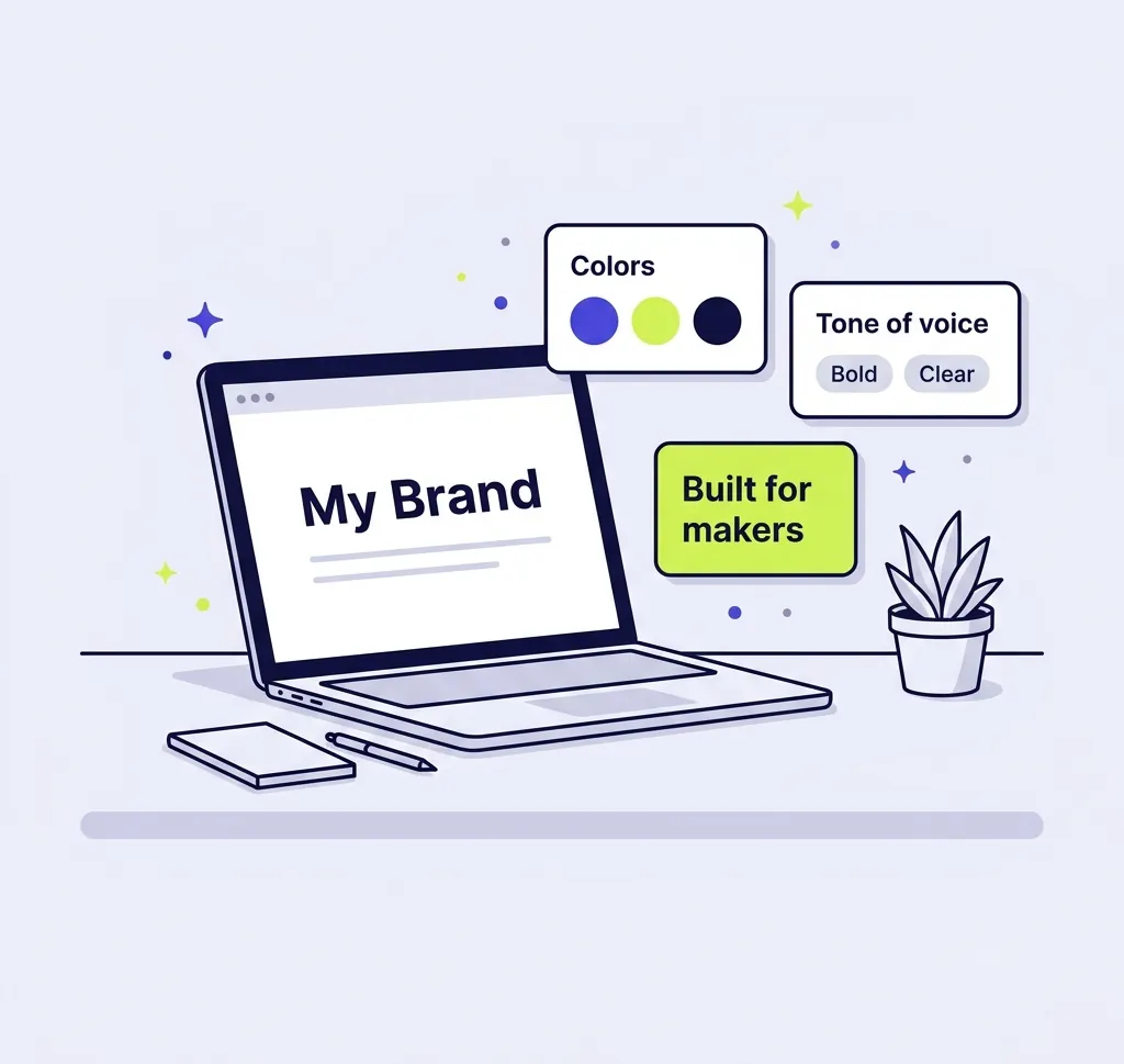 A laptop with brand cards for colors, tone of voice and a tagline